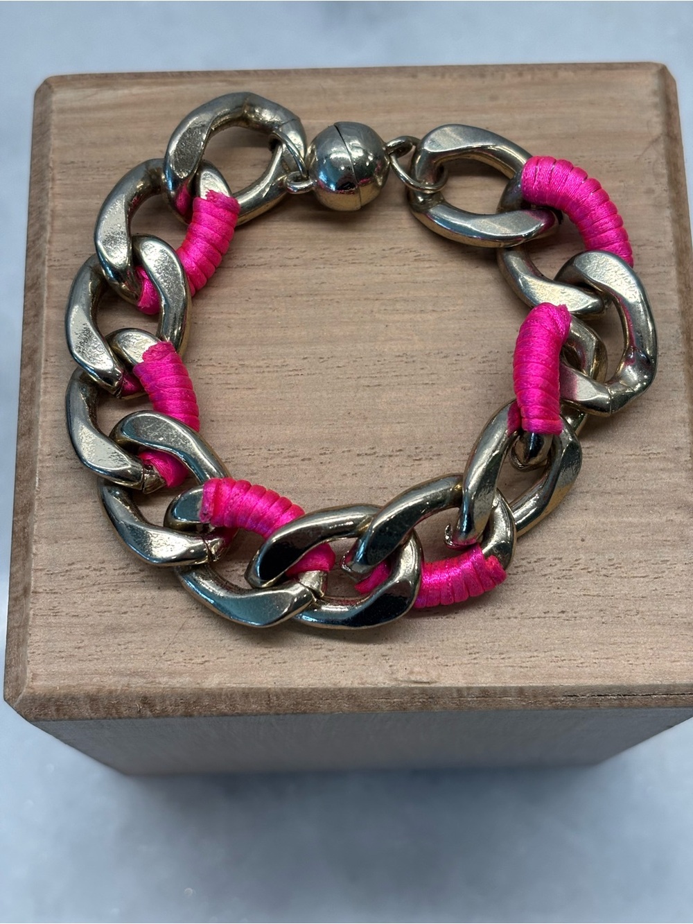 Gold Chain Bracelet with Hot Pink Wrap Accent